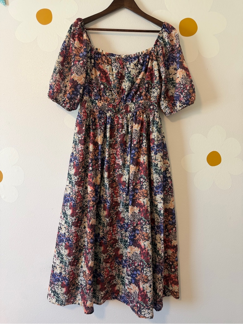 EUC Baltic Born Eden Dress Multi-Color Floral Puff Sleeve Square Neck Midi Dress - Picture 9 of 14